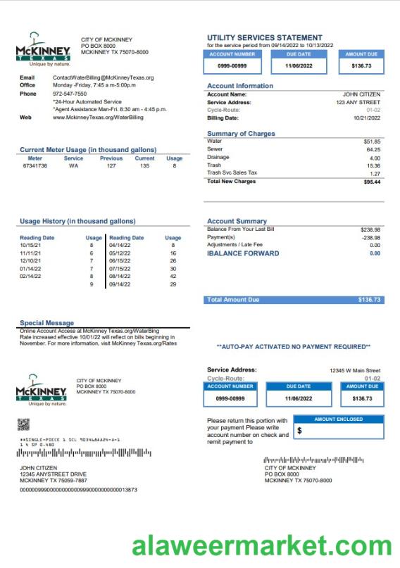 USA Texas McKinney utility bill template in Word and PDF format